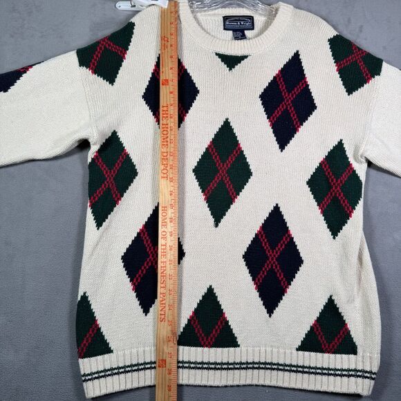 Bowen & Wright Mens Sweater M Ivory Black Red Diamond Print Chunky VNeck Grandpa - Picture 6 of 9